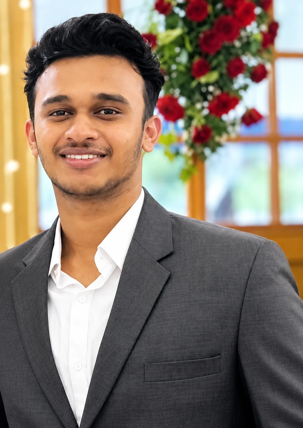 Portrait of Noor Muhammed in a grey blazer, smiling
